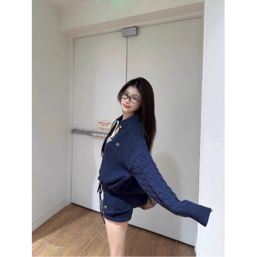 休閒套裝女藏青色翻領麻花針織毛衣秋冬松緊腰包臀短褲辣妹兩件套