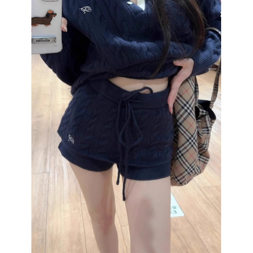 休閒套裝女藏青色翻領麻花針織毛衣秋冬松緊腰包臀短褲辣妹兩件套