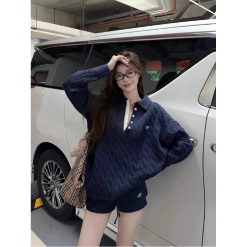 休閒套裝女藏青色翻領麻花針織毛衣秋冬松緊腰包臀短褲辣妹兩件套