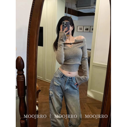 復古一字肩套頭毛衣女早秋季慵懶風小個子純欲露肩短款針織衫上衣 復古一字肩套頭毛衣女早秋季慵懶風小個子純欲露肩短款針織衫上衣