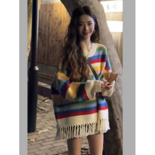 韓系穿搭彩虹條紋流蘇套頭毛衣女秋冬加厚寬松慵懶風中長款針織衫 韓系穿搭彩虹條紋流蘇套頭毛衣女秋冬加厚寬松慵懶風中長款針織衫