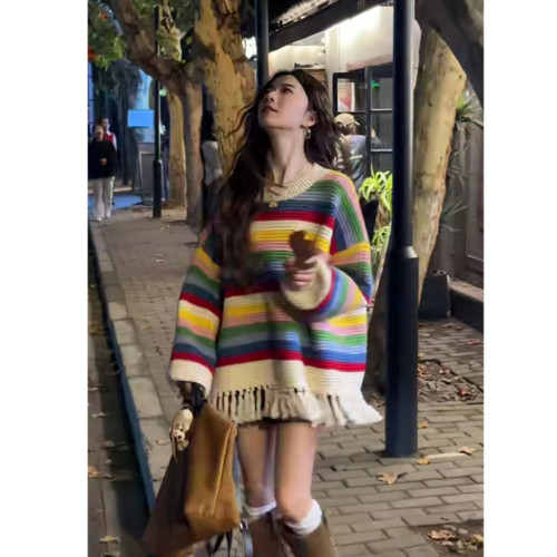 韓系穿搭彩虹條紋流蘇套頭毛衣女秋冬加厚寬松慵懶風中長款針織衫 韓系穿搭彩虹條紋流蘇套頭毛衣女秋冬加厚寬松慵懶風中長款針織衫