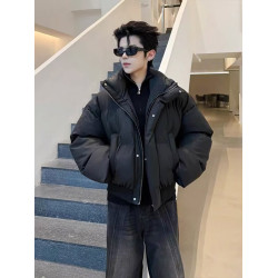 酒紅色pu皮短款羽絨棉服男款廓形立領棉衣外套cleanfit美式麵包服