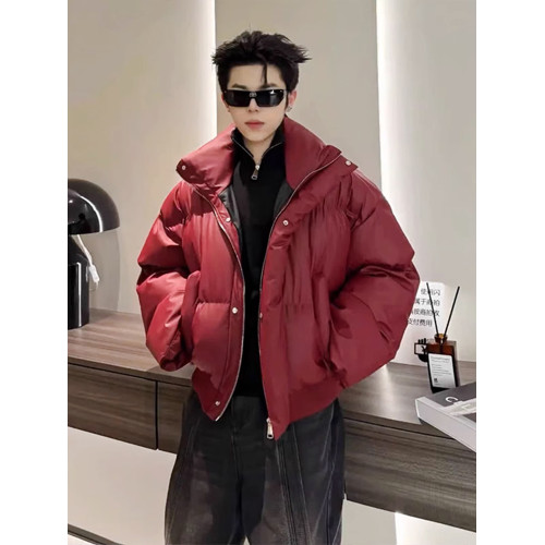 酒紅色pu皮短款羽絨棉服男款廓形立領棉衣外套cleanfit美式麵包服 酒紅色pu皮短款羽絨棉服男款廓形立領棉衣外套cleanfit美式麵包服