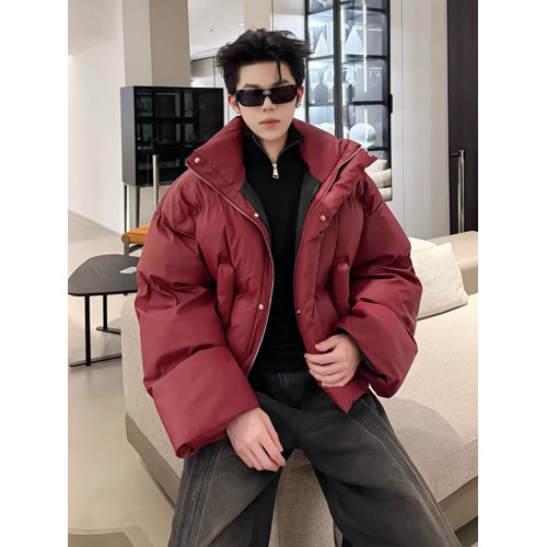 酒紅色pu皮短款羽絨棉服男款廓形立領棉衣外套cleanfit美式麵包服 酒紅色pu皮短款羽絨棉服男款廓形立領棉衣外套cleanfit美式麵包服