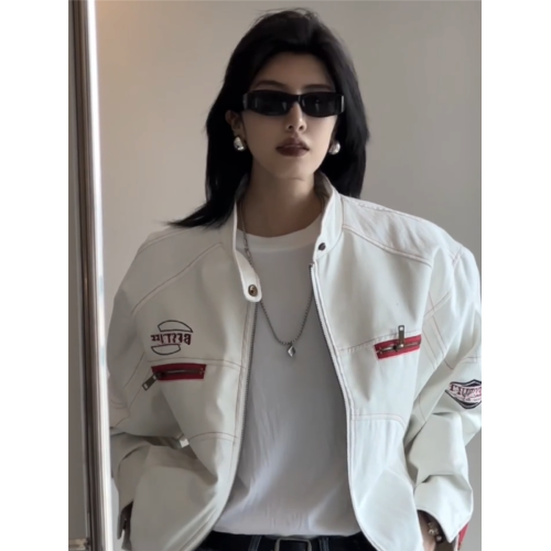 美式PU皮衣機車服外套女2025春秋新款拼接刺綉寬松百搭短款夾克潮 美式PU皮衣機車服外套女2025春秋新款拼接刺綉寬松百搭短款夾克潮