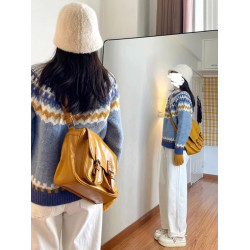 日系復古藍色費爾島馬海毛毛衣女秋冬慵懶風套頭針織衫寬松上衣厚