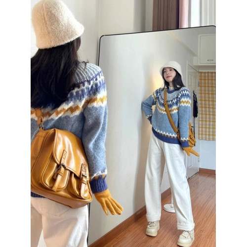 日系復古藍色費爾島馬海毛毛衣女秋冬慵懶風套頭針織衫寬松上衣厚