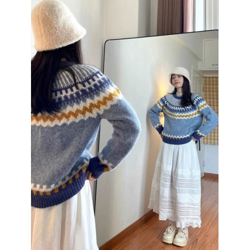 日系復古藍色費爾島馬海毛毛衣女秋冬慵懶風套頭針織衫寬松上衣厚