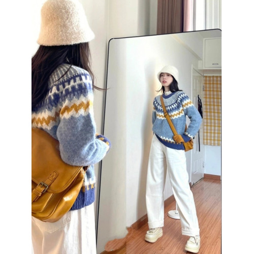 日系復古藍色費爾島馬海毛毛衣女秋冬慵懶風套頭針織衫寬松上衣厚