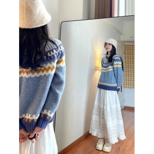 日系復古藍色費爾島馬海毛毛衣女秋冬慵懶風套頭針織衫寬松上衣厚