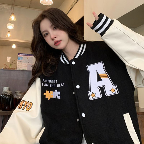 美式復古棒球服外套少女生2022春秋裝新款休閒寬松學生學院風夾克 美式復古棒球服外套少女生2022春秋裝新款休閒寬松學生學院風夾克