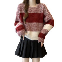 2025秋冬款高級感紅色條紋毛衣大碼女裝胖mm慵懶風套頭針織衫上衣