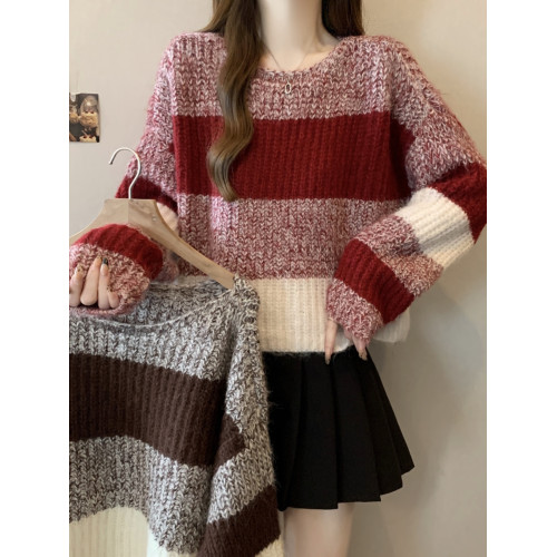 2025秋冬款高級感紅色條紋毛衣大碼女裝胖mm慵懶風套頭針織衫上衣 2025秋冬款高級感紅色條紋毛衣大碼女裝胖mm慵懶風套頭針織衫上衣