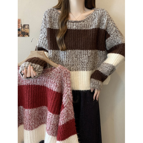 2025秋冬款高級感紅色條紋毛衣大碼女裝胖mm慵懶風套頭針織衫上衣 2025秋冬款高級感紅色條紋毛衣大碼女裝胖mm慵懶風套頭針織衫上衣