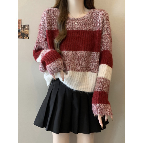 2025秋冬款高級感紅色條紋毛衣大碼女裝胖mm慵懶風套頭針織衫上衣 2025秋冬款高級感紅色條紋毛衣大碼女裝胖mm慵懶風套頭針織衫上衣