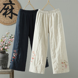 高級~文藝減齡2025新款復古綉花濶腿褲松緊腰夾棉國風亞麻棉褲