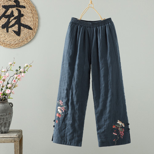高級~文藝減齡2025新款復古綉花濶腿褲松緊腰夾棉國風亞麻棉褲 高級~文藝減齡2025新款復古綉花濶腿褲松緊腰夾棉國風亞麻棉褲