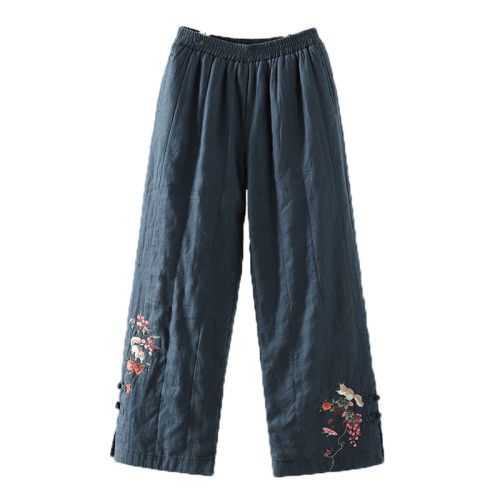 高級~文藝減齡2025新款復古綉花濶腿褲松緊腰夾棉國風亞麻棉褲 高級~文藝減齡2025新款復古綉花濶腿褲松緊腰夾棉國風亞麻棉褲