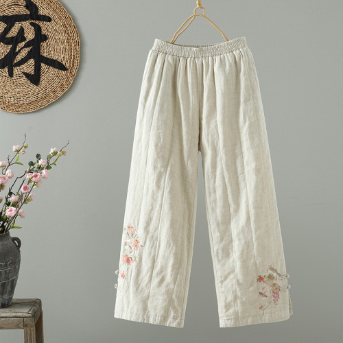 高級~文藝減齡2025新款復古綉花濶腿褲松緊腰夾棉國風亞麻棉褲 高級~文藝減齡2025新款復古綉花濶腿褲松緊腰夾棉國風亞麻棉褲