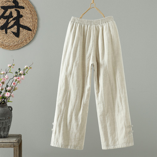 高級~文藝減齡2025新款復古綉花濶腿褲松緊腰夾棉國風亞麻棉褲 高級~文藝減齡2025新款復古綉花濶腿褲松緊腰夾棉國風亞麻棉褲