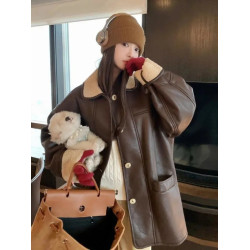 胖mm300斤大碼復古羊羔毛外套女秋冬寬松撞色加厚皮毛一體機車服