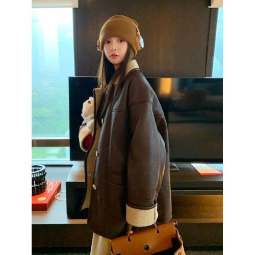 胖mm300斤大碼復古羊羔毛外套女秋冬寬松撞色加厚皮毛一體機車服 胖mm300斤大碼復古羊羔毛外套女秋冬寬松撞色加厚皮毛一體機車服