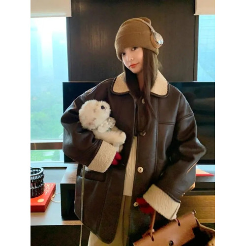 胖mm300斤大碼復古羊羔毛外套女秋冬寬松撞色加厚皮毛一體機車服 胖mm300斤大碼復古羊羔毛外套女秋冬寬松撞色加厚皮毛一體機車服