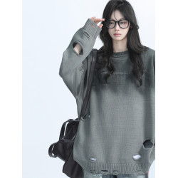 【坐吃山空】美式重工漸變破洞圓領毛衣女設計感小衆慵懶風針織衫