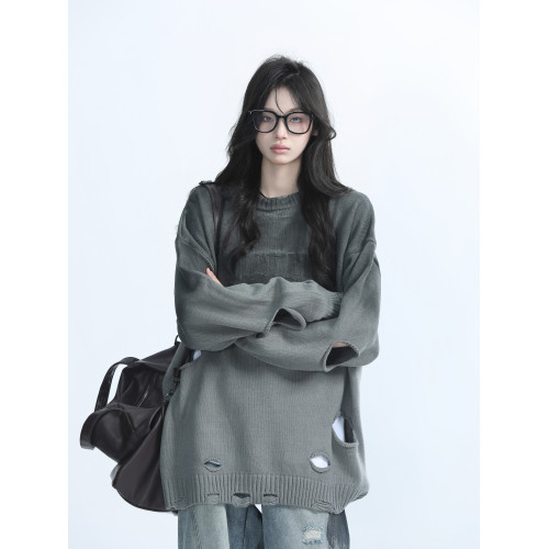 【坐吃山空】美式重工漸變破洞圓領毛衣女設計感小衆慵懶風針織衫