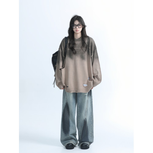 【坐吃山空】美式重工漸變破洞圓領毛衣女設計感小衆慵懶風針織衫