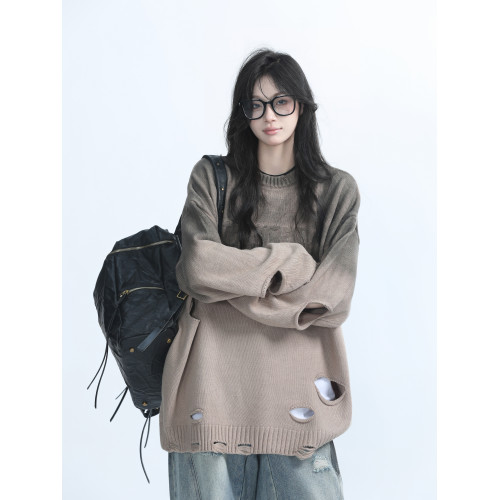 【坐吃山空】美式重工漸變破洞圓領毛衣女設計感小衆慵懶風針織衫