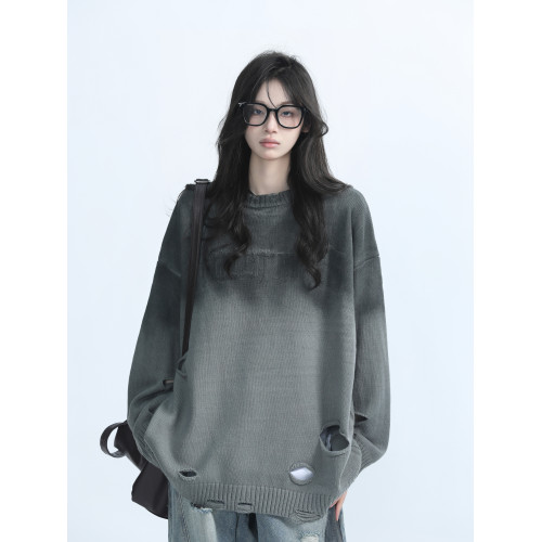 【坐吃山空】美式重工漸變破洞圓領毛衣女設計感小衆慵懶風針織衫