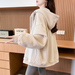 美式高街開衫連帽衛衣女士春秋款胖mm大碼時尚洋氣高級感格子外套