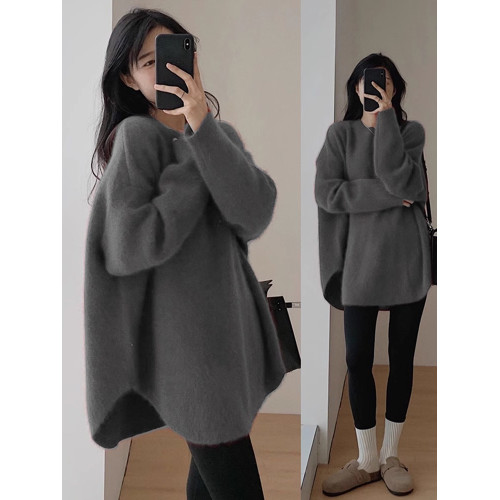 藍色中長款遮屁股針織衫毛衣慵懶風冬季穿搭鯊魚褲的搭配上衣女款