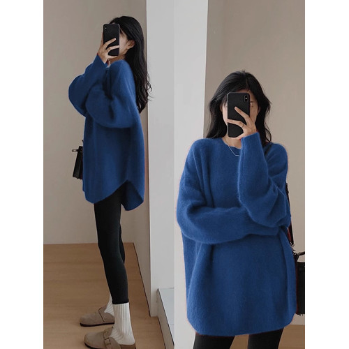 藍色中長款遮屁股針織衫毛衣慵懶風冬季穿搭鯊魚褲的搭配上衣女款