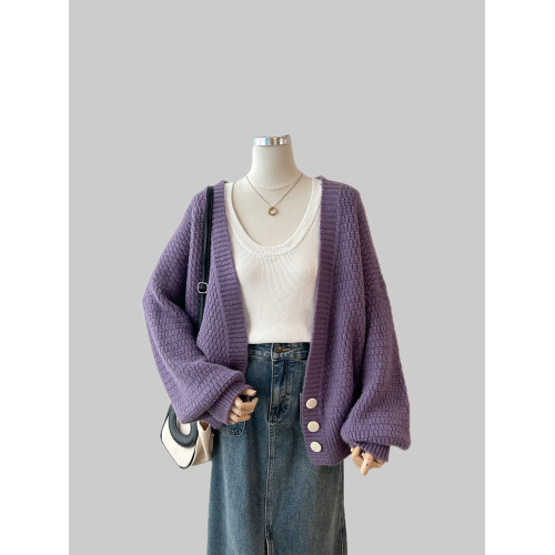 紫色韓國毛衣外套女開衫高級感秋冬季新款慵懶風寬松針織上衣外套