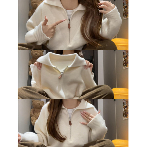 白色翻領套頭毛衣女秋冬季2025新款慵懶高級感內搭打底針織衫上衣