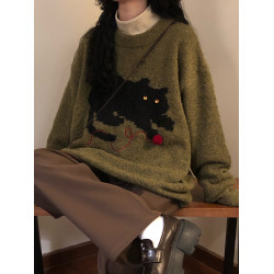 NAGA自製2025冬美式復古慵懶風軟糯趣味小貓針織衫圓領套頭毛衣女