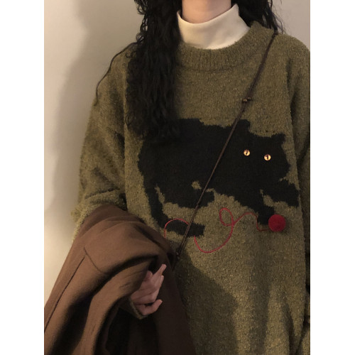 NAGA自製2025冬美式復古慵懶風軟糯趣味小貓針織衫圓領套頭毛衣女 NAGA自製2025冬美式復古慵懶風軟糯趣味小貓針織衫圓領套頭毛衣女