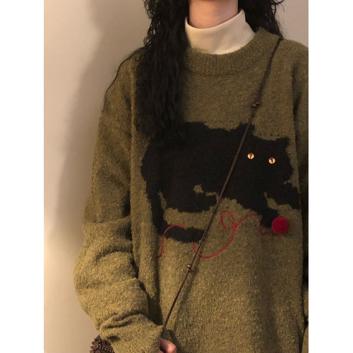 NAGA自製2025冬美式復古慵懶風軟糯趣味小貓針織衫圓領套頭毛衣女 NAGA自製2025冬美式復古慵懶風軟糯趣味小貓針織衫圓領套頭毛衣女