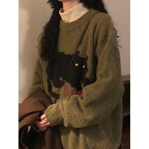 NAGA自製2025冬美式復古慵懶風軟糯趣味小貓針織衫圓領套頭毛衣女 NAGA自製2025冬美式復古慵懶風軟糯趣味小貓針織衫圓領套頭毛衣女