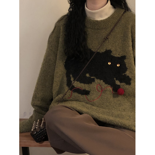 NAGA自製2025冬美式復古慵懶風軟糯趣味小貓針織衫圓領套頭毛衣女 NAGA自製2025冬美式復古慵懶風軟糯趣味小貓針織衫圓領套頭毛衣女