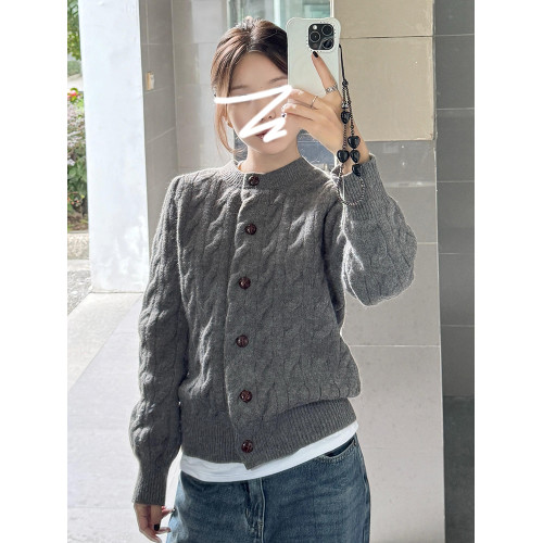 灰色麻花毛衣外套女秋冬季2025新款慵懶風高級感加厚針織開衫上衣