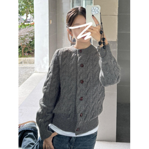 灰色麻花毛衣外套女秋冬季2025新款慵懶風高級感加厚針織開衫上衣