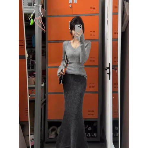 復古慵懶v領內搭長袖針織衫女秋冬季灰色修身顯瘦毛衣打底衫上衣 復古慵懶v領內搭長袖針織衫女秋冬季灰色修身顯瘦毛衣打底衫上衣