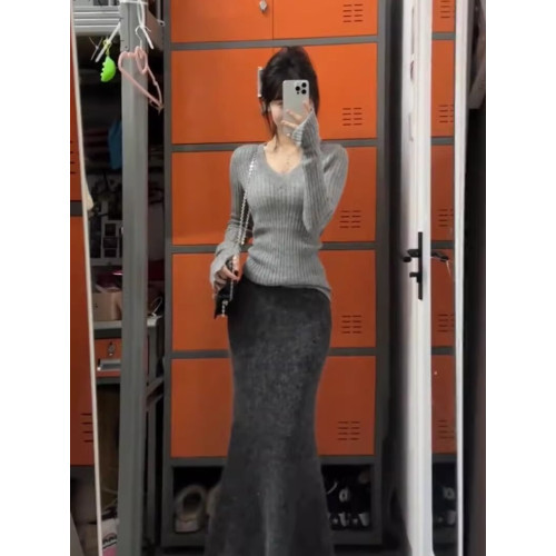 復古慵懶v領內搭長袖針織衫女秋冬季灰色修身顯瘦毛衣打底衫上衣 復古慵懶v領內搭長袖針織衫女秋冬季灰色修身顯瘦毛衣打底衫上衣