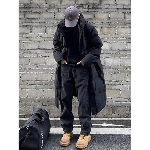 黑色美式連帽中長款羽絨棉服男冬季加厚過膝東北抗寒痞帥大衣外套 黑色美式連帽中長款羽絨棉服男冬季加厚過膝東北抗寒痞帥大衣外套