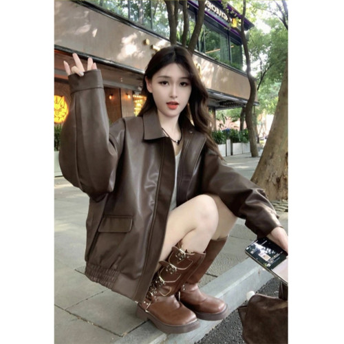 棕色pu皮衣外套女2025春秋港風爆款美拉德機車小個子加厚夾克棉服 棕色pu皮衣外套女2025春秋港風爆款美拉德機車小個子加厚夾克棉服