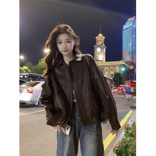 棕色pu皮衣外套女2025春秋港風爆款美拉德機車小個子加厚夾克棉服 棕色pu皮衣外套女2025春秋港風爆款美拉德機車小個子加厚夾克棉服